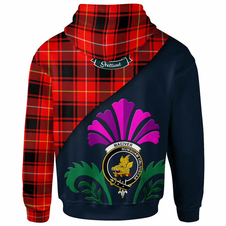 Scottish MacIver Clan Crest Tartan Hoodie - Scotland Thistle Style Back Side Tartan Plaid