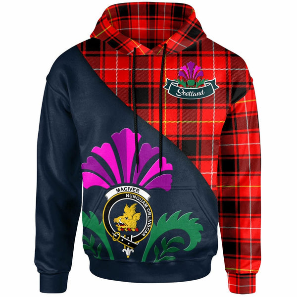 Scottish MacIver Clan Crest Tartan Hoodie - Scotland Thistle Style Front Side Tartan Plaid
