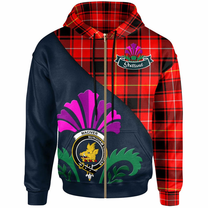 Scottish MacIver Clan Crest Tartan Hoodie - Scotland Thistle Style Zip-up Tartan Plaid