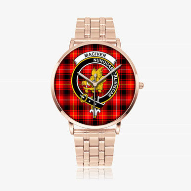 Scottish MacIver Clan Crest Tartan Instafamous Steel Quartz Watches Tartan Plaid Rose Gold 1