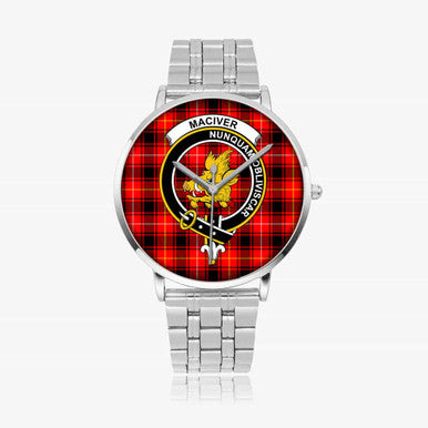 Scottish MacIver Clan Crest Tartan Instafamous Steel Quartz Watches Tartan Plaid Silver 1
