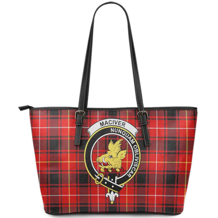 Scottish MacIver Clan Crest Tartan Leather Tote Tartan Plaid