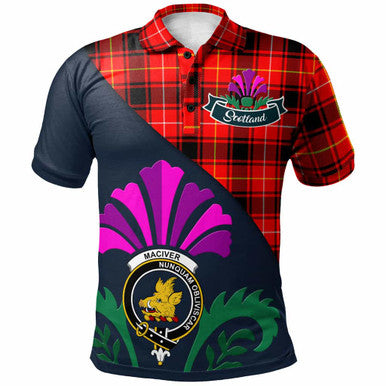 Scottish MacIver Clan Crest Tartan Polo Shirt - Scotland Thistle Style Front Side Tartan Plaid