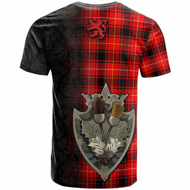 Scottish MacIver Clan Crest Tartan T-Shirt - Half Thistle Flowers Celtic Design Back Side Tartan Plaid