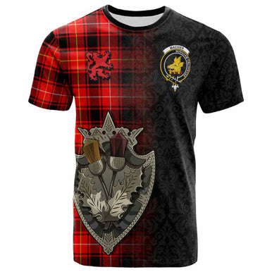 Scottish MacIver Clan Crest Tartan T-Shirt - Half Thistle Flowers Celtic Design Front Side Tartan Plaid