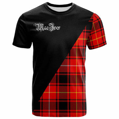 Scottish MacIver Clan Crest Tartan T-Shirt - Military Logo Front Side Tartan Plaid