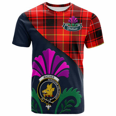 Scottish MacIver Clan Crest Tartan T-Shirt - Scotland Thistle Style Front Side Tartan Plaid