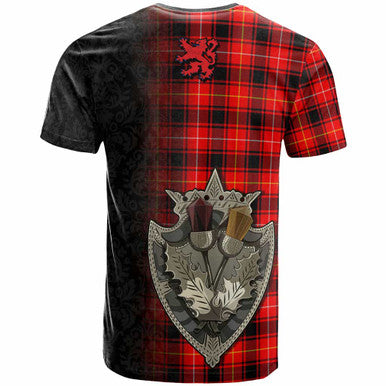 Scottish MacIver Modern Clan Tartan T-Shirt - Half Thistle Flowers Celtic Design Back Side Tartan Plaid