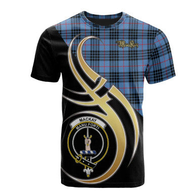 Scottish MacKay Blue Clan Crest Tartan T-Shirt Believe in Me Front Side Tartan Plaid