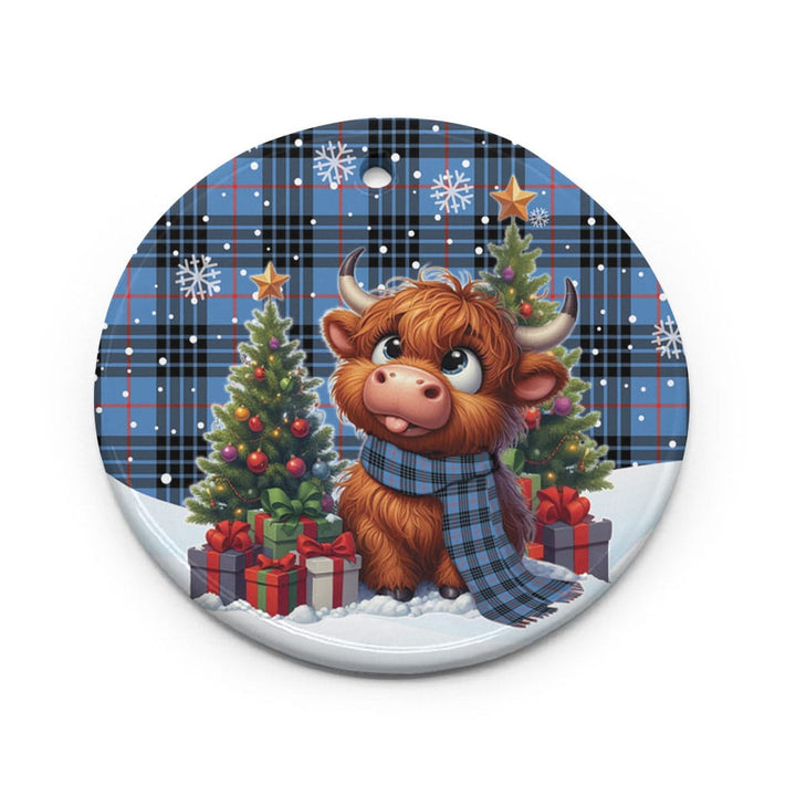 Scottish MacKay Blue Clan Tartan Ceramic Ornament Cute Highland Cow Christmas Circle Style Tartan Plaid