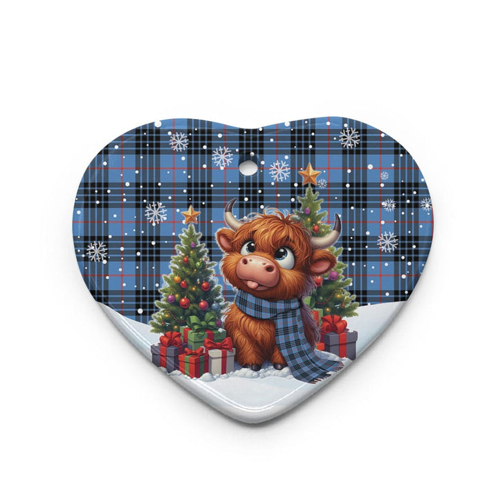 Scottish MacKay Blue Clan Tartan Ceramic Ornament Cute Highland Cow Christmas Heart Style Tartan Plaid