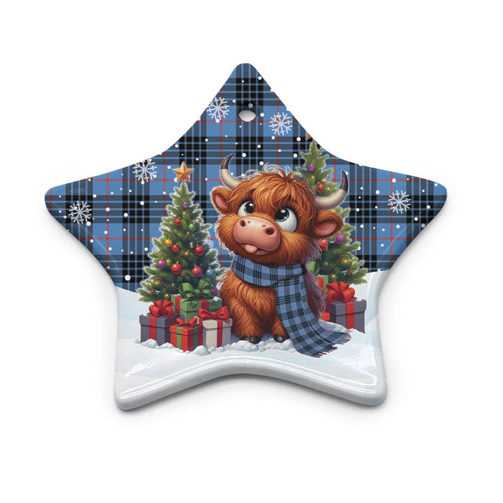 Scottish MacKay Blue Clan Tartan Ceramic Ornament Cute Highland Cow Christmas Star Style Tartan Plaid