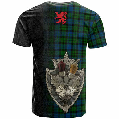 Scottish MacKay Clan Crest Tartan T-Shirt - Half Thistle Flowers Celtic Design Back Side Tartan Plaid