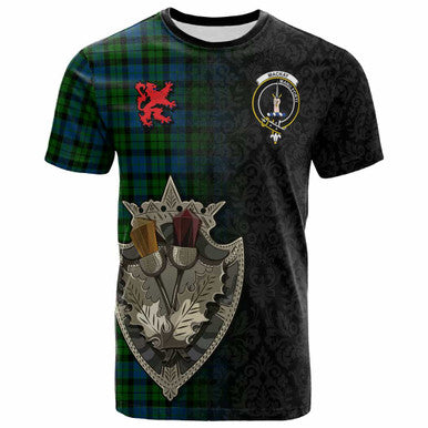 Scottish MacKay Clan Crest Tartan T-Shirt - Half Thistle Flowers Celtic Design Front Side Tartan Plaid