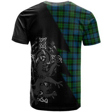 Scottish MacKay Clan Crest Tartan T-Shirt - Lion Rampant Celtic Cross Flash Style Back Side Tartan Plaid