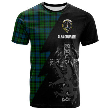 Scottish MacKay Clan Crest Tartan T-Shirt - Lion Rampant Celtic Cross Flash Style Front Side Tartan Plaid
