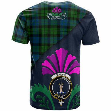 Scottish MacKay Clan Crest Tartan T-Shirt - Scotland Thistle Style Back Side Tartan Plaid