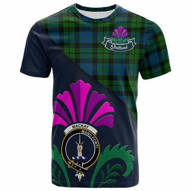 Scottish MacKay Clan Crest Tartan T-Shirt - Scotland Thistle Style Front Side Tartan Plaid