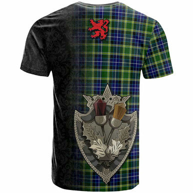 Scottish MacKellar Clan Tartan T-Shirt - Half Thistle Flowers Celtic Design Back Side Tartan Plaid
