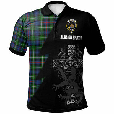 Scottish MacKenzie Clan Crest Tartan Polo Shirt - Lion Rampant Celtic Cross Flash Style Front Side Tartan Plaid