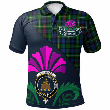 Scottish MacKenzie Clan Crest Tartan Polo Shirt - Scotland Thistle Style Front Side Tartan Plaid