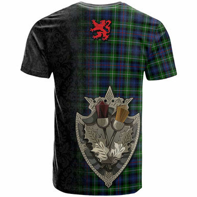 Scottish MacKenzie Clan Crest Tartan T-Shirt - Half Thistle Flowers Celtic Design Back Side Tartan Plaid