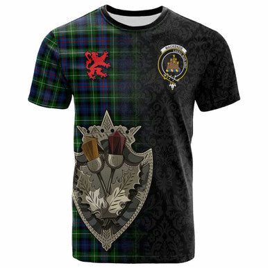 Scottish MacKenzie Clan Crest Tartan T-Shirt - Half Thistle Flowers Celtic Design Front Side Tartan Plaid