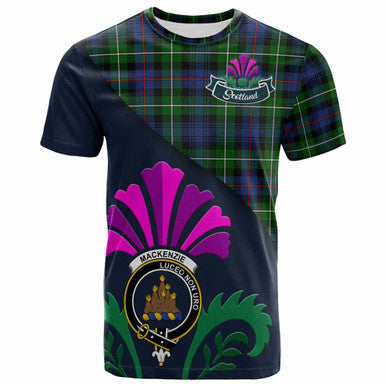 Scottish MacKenzie Clan Crest Tartan T-Shirt - Scotland Thistle Style Front Side Tartan Plaid