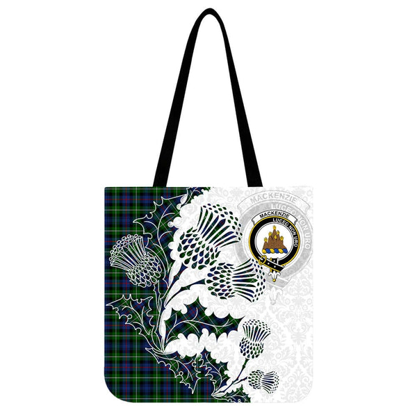 Scottish MacKenzie Clan Crest Tartan Tote Bag - Thistle Flowers Style Tartan Plaid 1