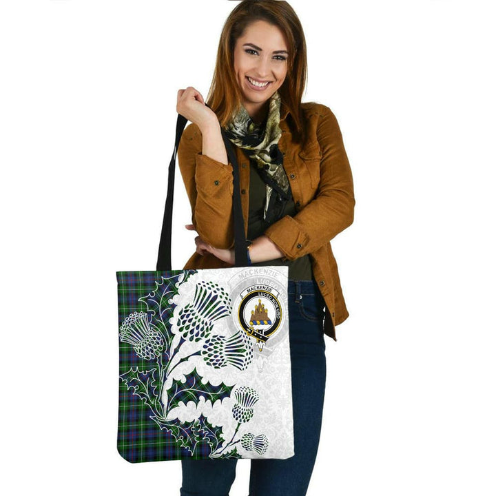 Scottish MacKenzie Clan Crest Tartan Tote Bag - Thistle Flowers Style Tartan Plaid 2
