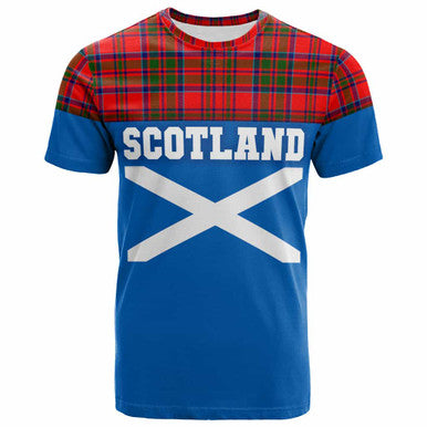 Scottish MacKillop Clan Tartan T-Shirt - Lion Rampant of Scotland With Flag Front Side Tartan Plaid