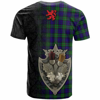 Scottish MacKinlay Modern Clan Tartan T-Shirt - Half Thistle Flowers Celtic Design Back Side Tartan Plaid