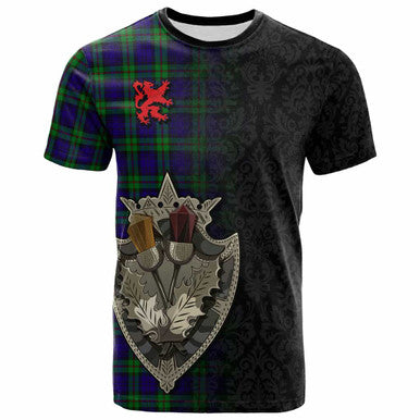 Scottish MacKinlay Modern Clan Tartan T-Shirt - Half Thistle Flowers Celtic Design Front Side Tartan Plaid