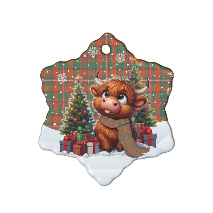 Scottish MacKinnon Ancient Clan Tartan Ceramic Ornament Cute Highland Cow Christmas Snow Flake Style Tartan Plaid