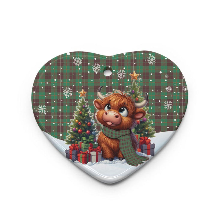 Scottish MacKinnon Hunting Ancient Clan Tartan Ceramic Ornament Cute Highland Cow Christmas Heart Style Tartan Plaid