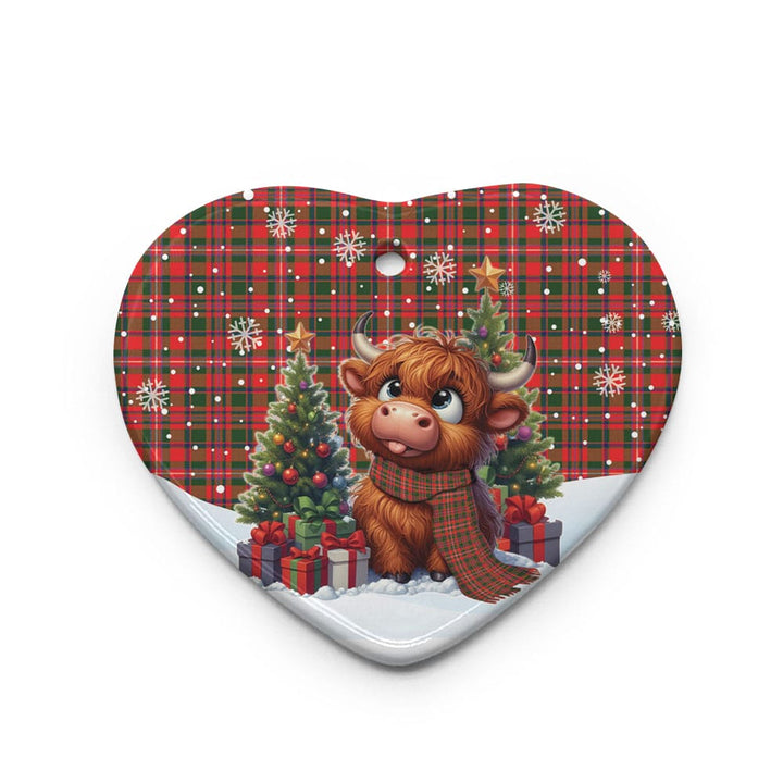 Scottish MacKinnon Modern Clan Tartan Ceramic Ornament Cute Highland Cow Christmas Heart Style Tartan Plaid