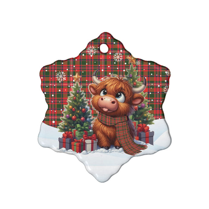 Scottish MacKinnon Modern Clan Tartan Ceramic Ornament Cute Highland Cow Christmas Snow Flake Style Tartan Plaid