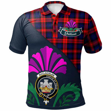 Scottish MacLachlan Clan Crest Tartan Polo Shirt - Scotland Thistle Style Front Side Tartan Plaid