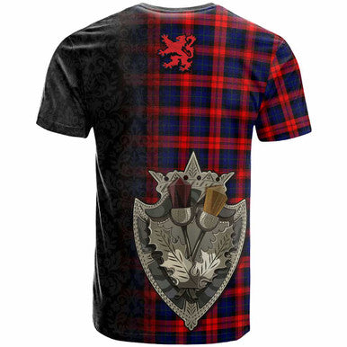 Scottish MacLachlan Clan Crest Tartan T-Shirt - Half Thistle Flowers Celtic Design Back Side Tartan Plaid