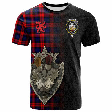 Scottish MacLachlan Clan Crest Tartan T-Shirt - Half Thistle Flowers Celtic Design Front Side Tartan Plaid