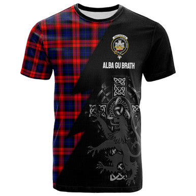 Scottish MacLachlan Clan Crest Tartan T-Shirt - Lion Rampant Celtic Cross Flash Style Front Side Tartan Plaid