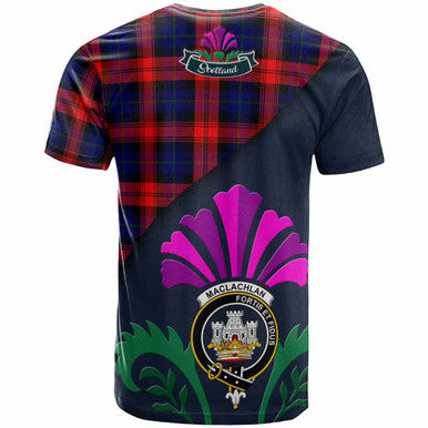 Scottish MacLachlan Clan Crest Tartan T-Shirt - Scotland Thistle Style Back Side Tartan Plaid
