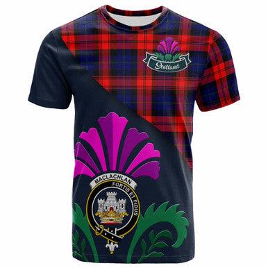 Scottish MacLachlan Clan Crest Tartan T-Shirt - Scotland Thistle Style Front Side Tartan Plaid