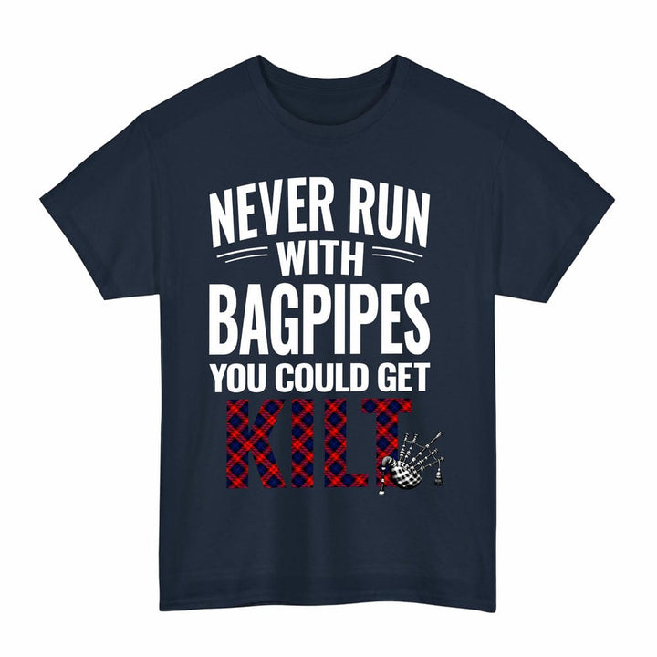 Scottish MacLachlan Modern Clan Tartan Never Run With Bagpipes T-Shirt Tartan Plaid Navy Color
