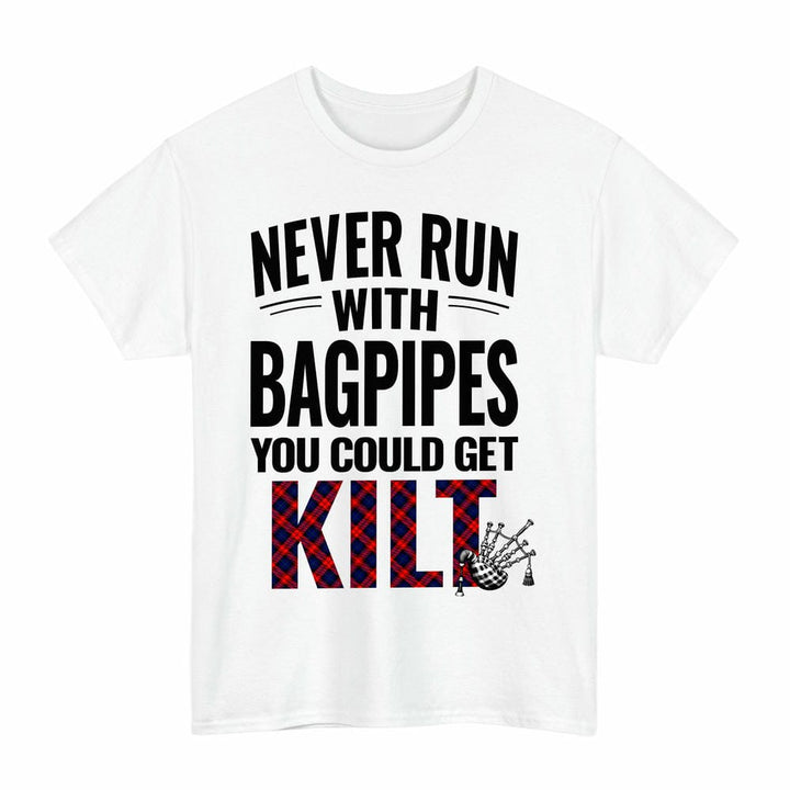 Scottish MacLachlan Modern Clan Tartan Never Run With Bagpipes T-Shirt Tartan Plaid White Color