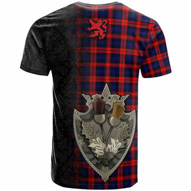 Scottish MacLachlan Modern Clan Tartan T-Shirt - Half Thistle Flowers Celtic Design Back Side Tartan Plaid