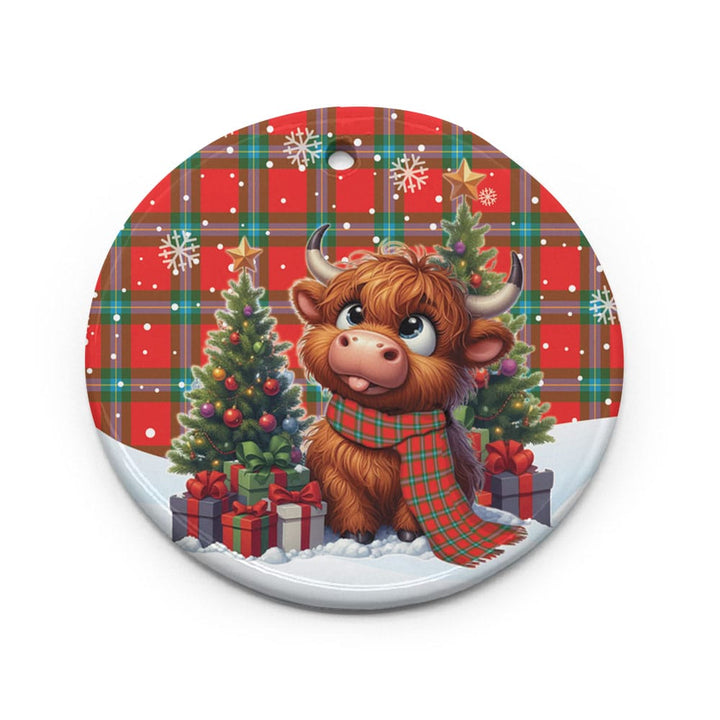 Scottish MacLaine of Loch Buie Clan Tartan Ceramic Ornament Cute Highland Cow Christmas Circle Style Tartan Plaid