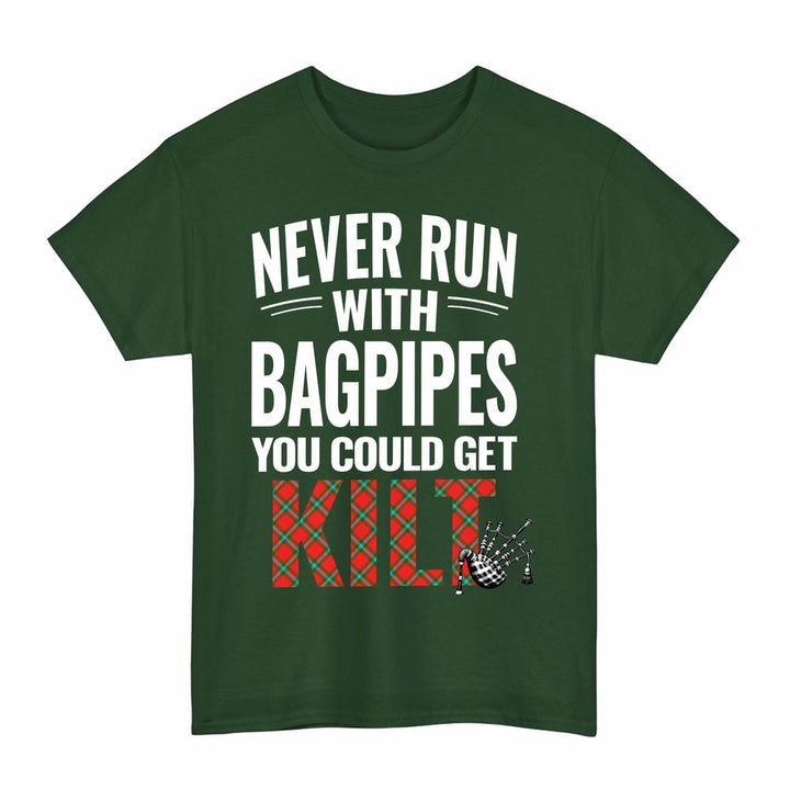 Scottish MacLaine of Loch Buie Clan Tartan Never Run With Bagpipes T-Shirt Tartan Plaid Forest Green Color