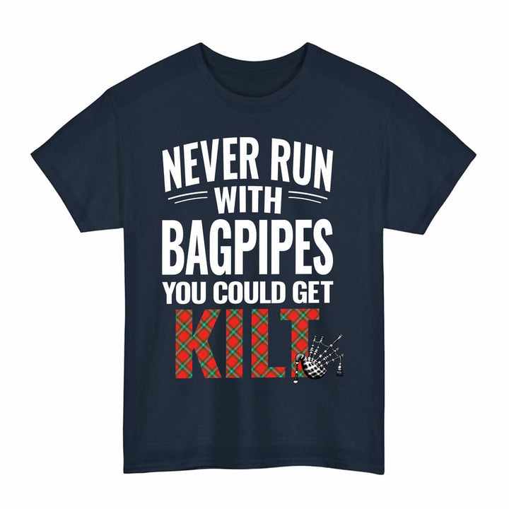 Scottish MacLaine of Loch Buie Clan Tartan Never Run With Bagpipes T-Shirt Tartan Plaid Navy Color