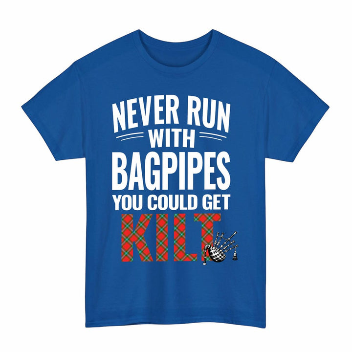 Scottish MacLaine of Loch Buie Clan Tartan Never Run With Bagpipes T-Shirt Tartan Plaid Royal Color